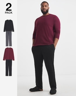 2 Pack Long Sleeve Pyjama Set-Black/Burgundy