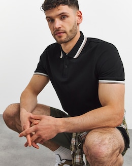 Tipped Pique Polo Long Length- Black