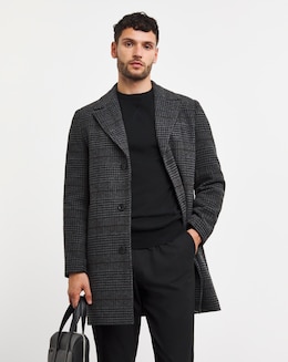 Grey Wool Blend Grey Check Overcoat