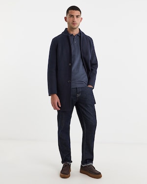 Navy Faux Wool Turn Up Collar Coat - Image 1