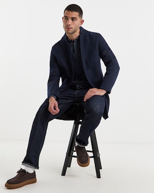 Navy Faux Wool Turn Up Collar Coat - Image 4