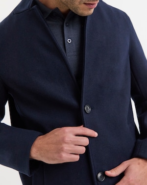 Navy Faux Wool Turn Up Collar Coat - Image 3