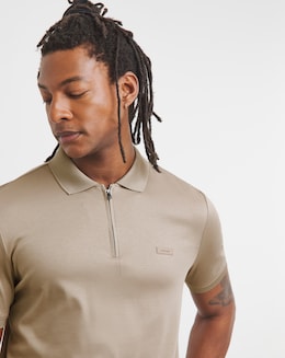 Cavin Klein Short Sleeve Liquid Touch Zip Neck Polo - Stone