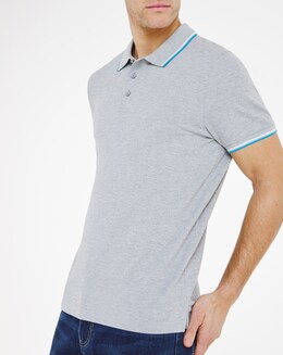 Grey Marl Pique Tipped Polo Reg