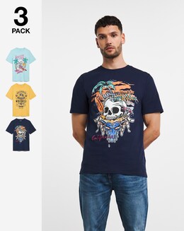 3 Pack Skull Print Graphic T-shirts