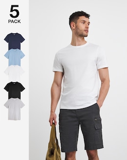 5 Pk Pure Cotton Crew Neck T-Shirts Long Length