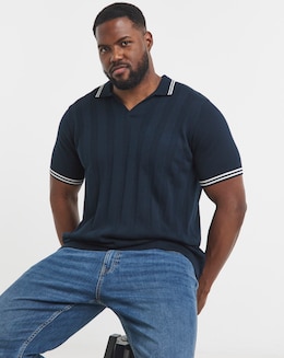 Navy Knitted Open Neck Polo