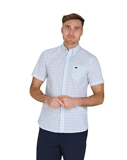 Raging Bull Short Sleeve Window Pane Cotton Poplin Shirt White