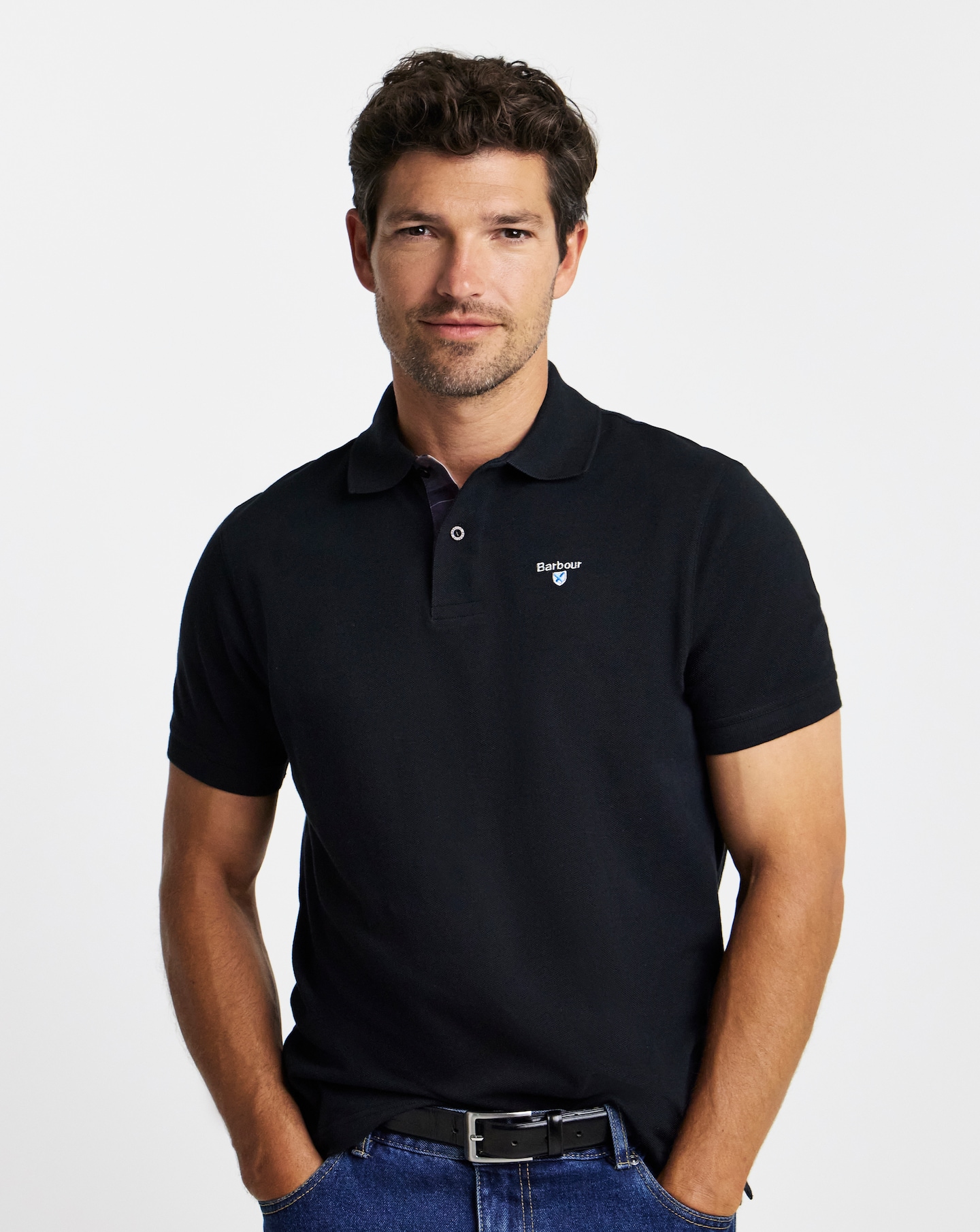 Barbour Tartan Trim Pique Polo - Black