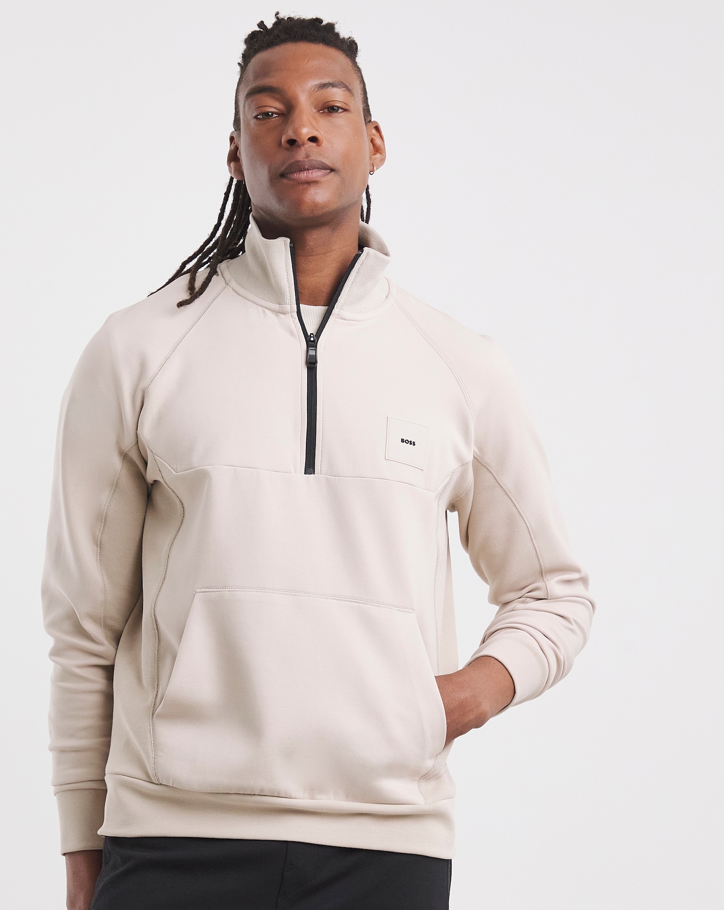 BOSS Rib Logo 1/2 Zip Sweat in Beige