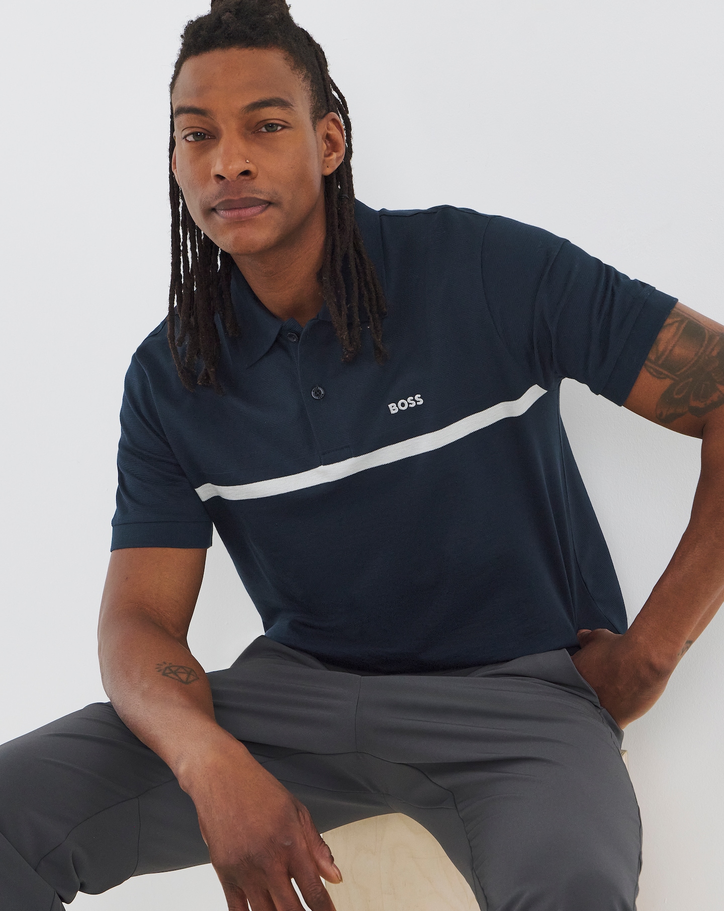 BOSS Paddy Stripe Polo - Navy