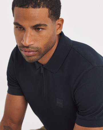 BOSS Short Sleeve Slim Fit Zip Neck Polo - Navy