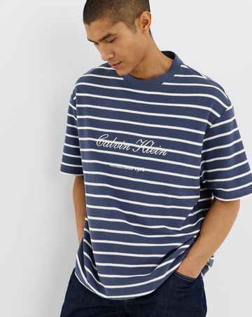 Calvin Klein Short Sleeve Script Stripe Pique T-Shirt - Dark Denim