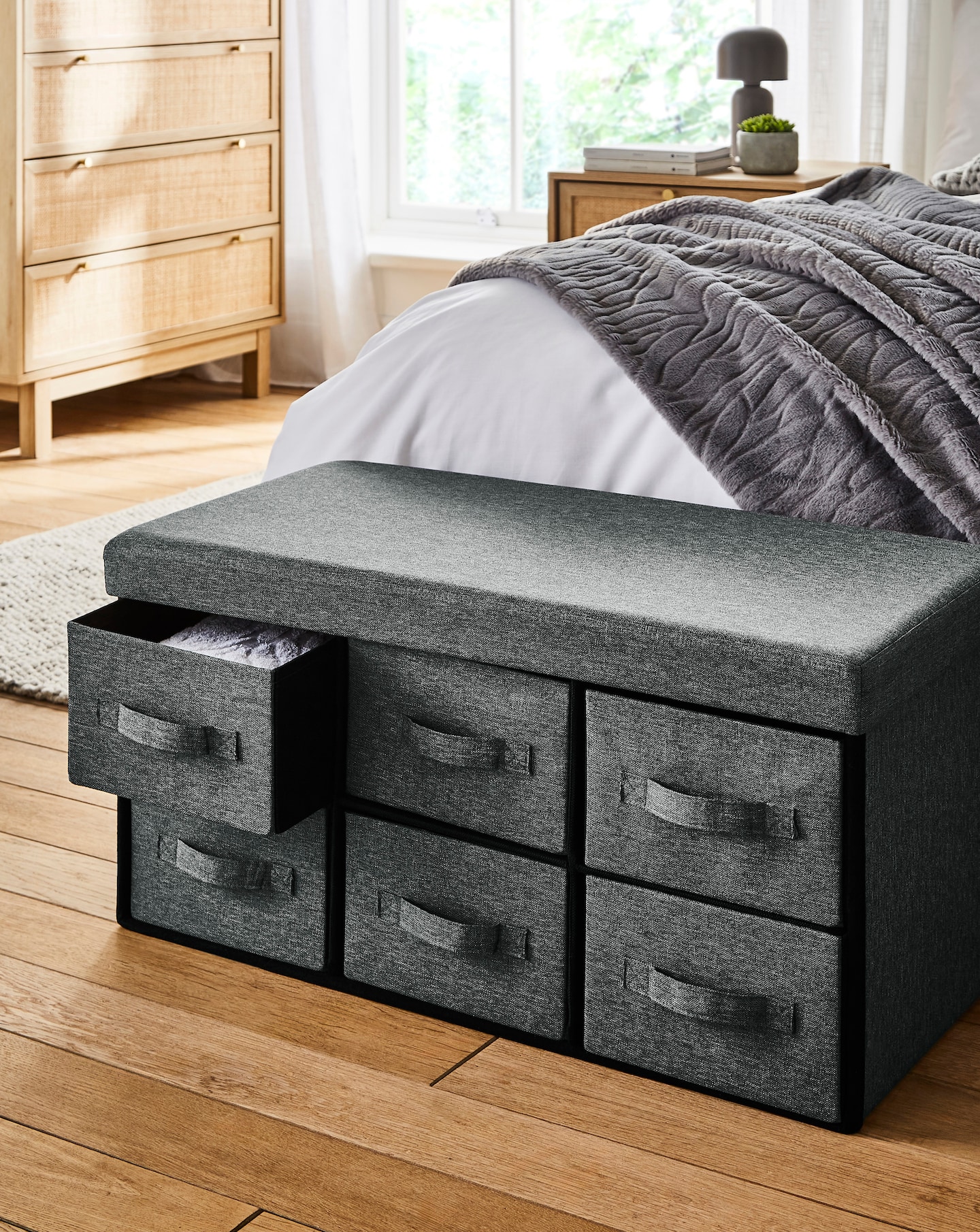Faux Linen Drawer Ottoman