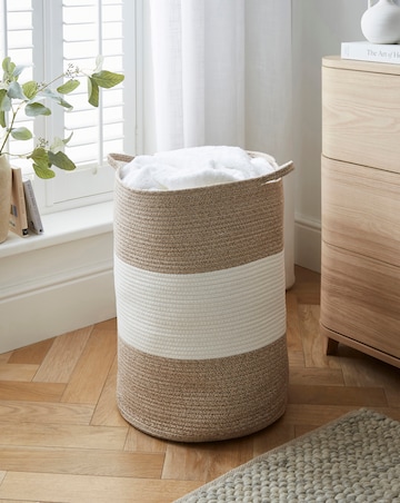 Two Tone Beige Cotton Rope Laundry Hamper