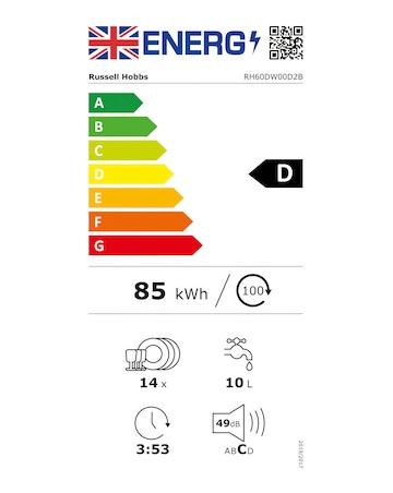 Russell Hobbs RH60DW00D2B 14 Place Settings Full Size Dishwasher Black + Install