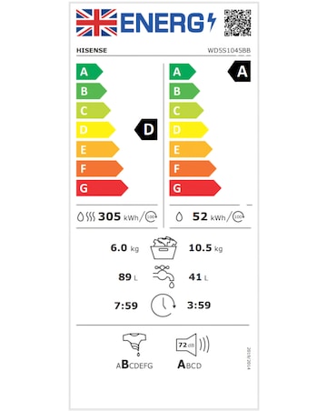 Hisense 5S Series WD5S1045BB 10.5KG Auto Dosing Freestanding Washer Dryer Black