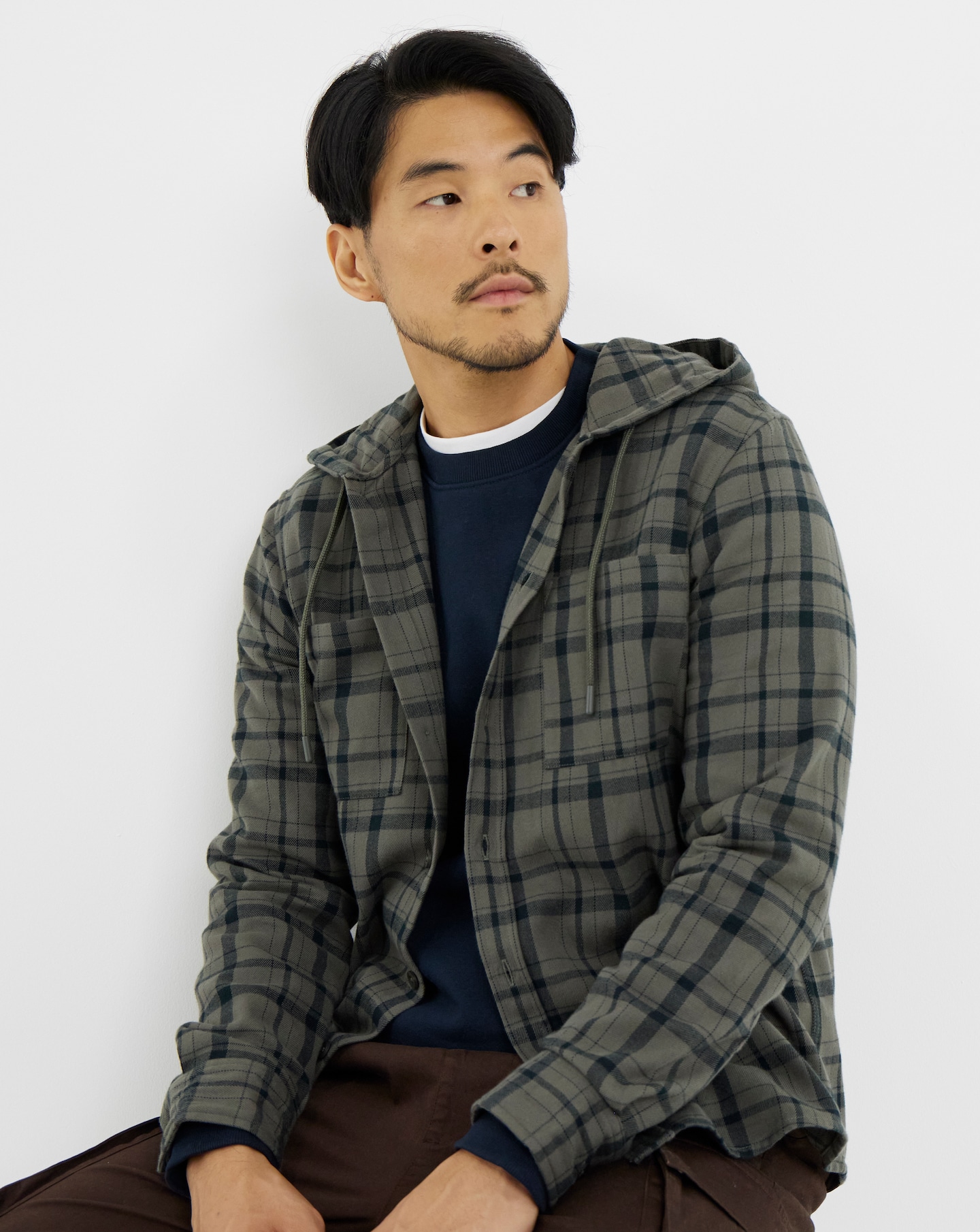 New In - Cotton Hooded Flannel Check Shirt Long