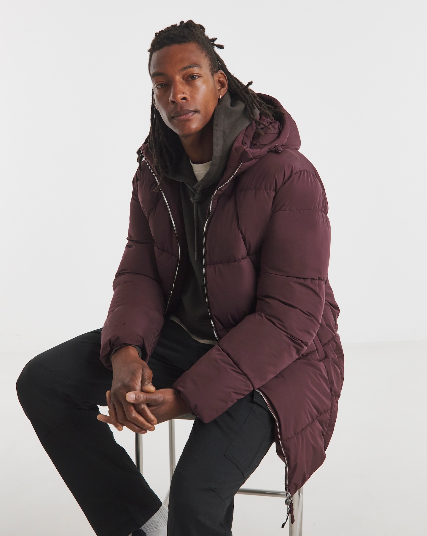 Burgundy Mid Length Puffer Jacket