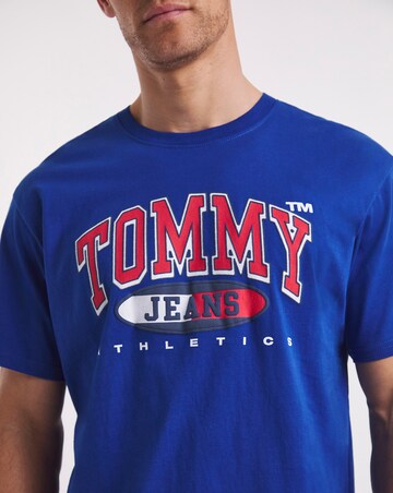 red white and blue graphic tee