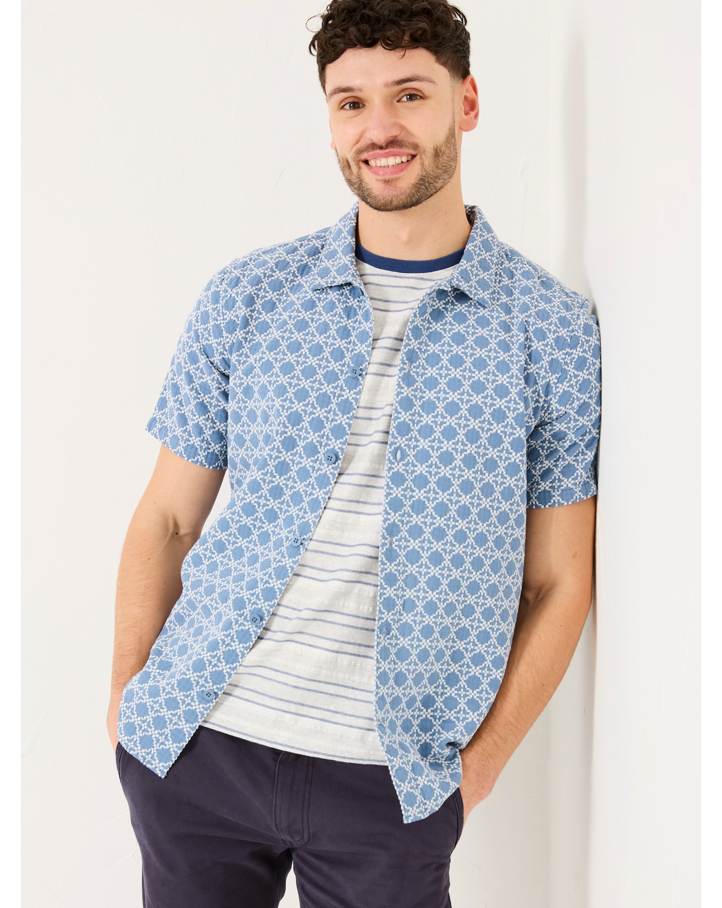 FatFace Embroided Geo Print Shirt - Blue