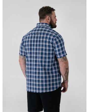 MORRIS-D555 French Navy Check Button Down Collar S/S Shirt With Pocket