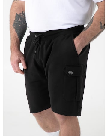 ROBINSON 1-D555 Black Elasticated Waist Fleece Cargo Shorts With Bear Embroidery