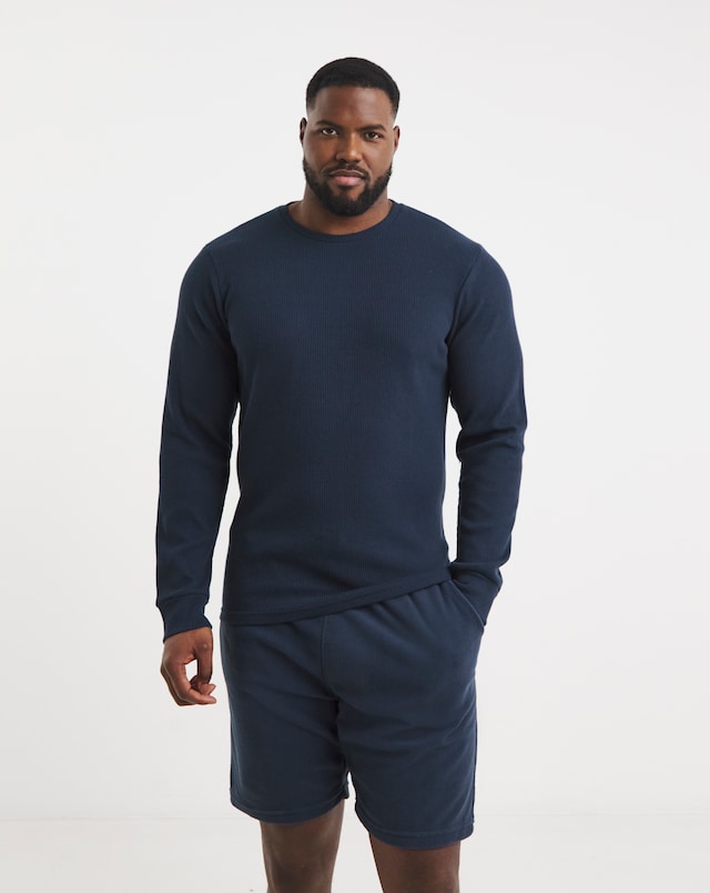 Waffle Top With Fleece Short Lounge Set - Navy