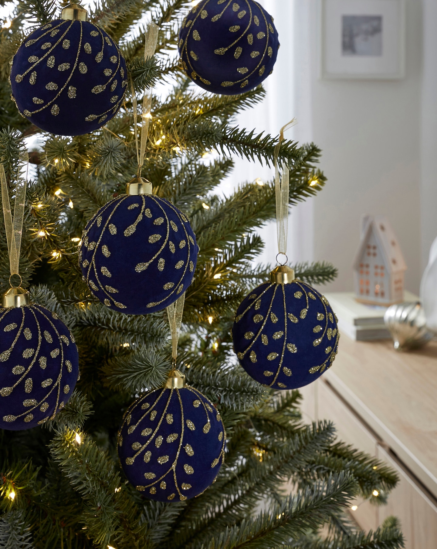 Set of 6 Flocked Navy and Gold Baubles