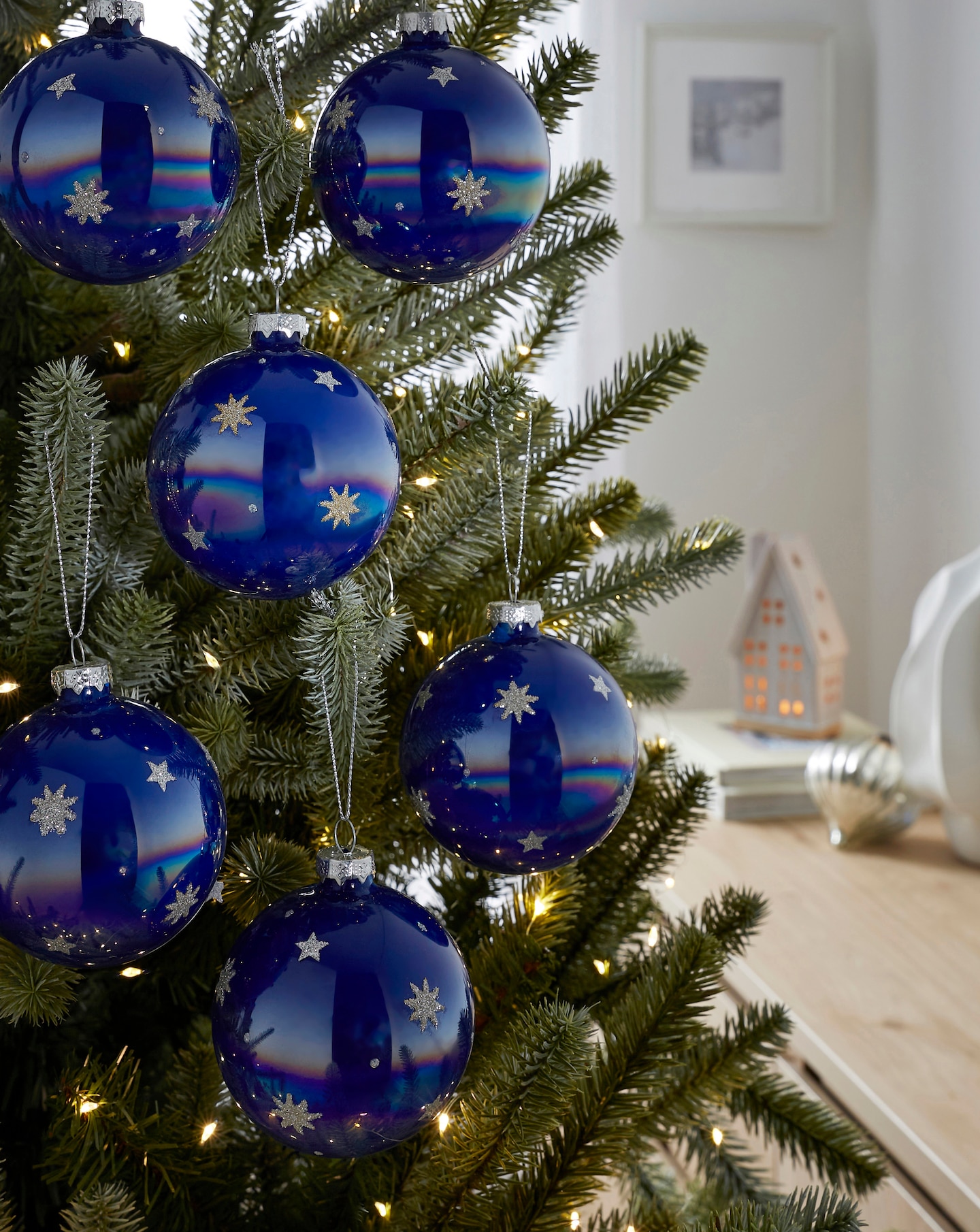 Set of 6 Glass Blue Glitter Baubles
