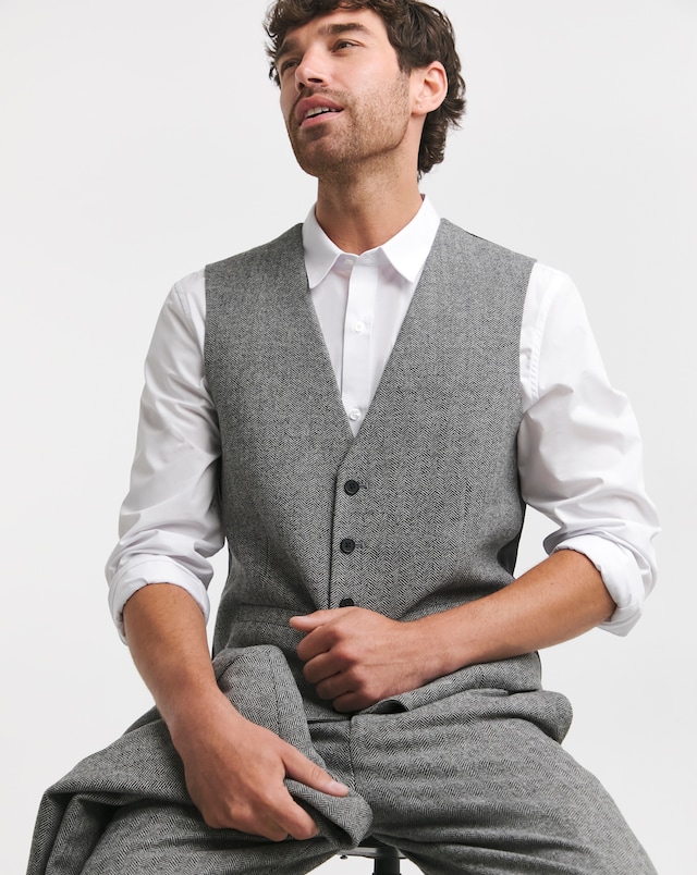 Herringbone Tweed Regular Suit Waistcoat - Black