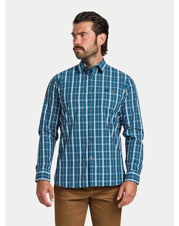 Raging Bull Long Sleeve Linear Check Cotton Poplin Shirt Petrol