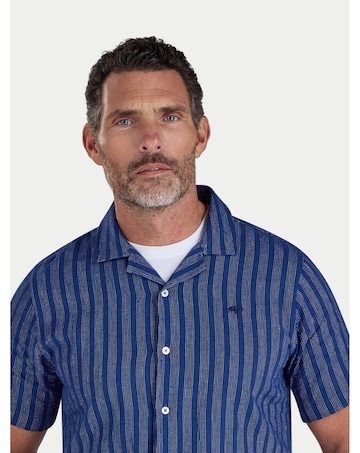Raging Bull Short Sleeve Athens Stripe Linen Revere Shirt Navy