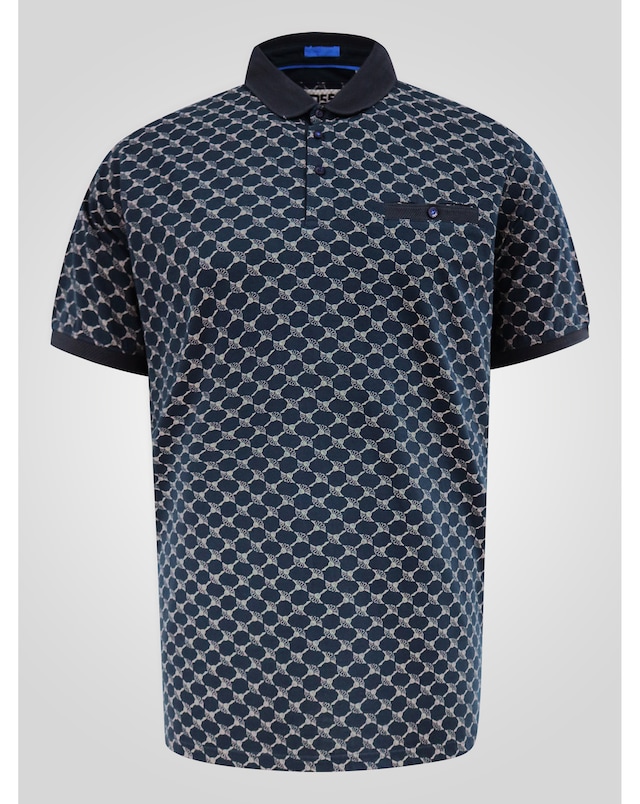 D555 Saunders Navy AO Print Jacquard Collar S/S Polo With Pocket