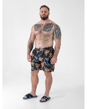 D555 Big and Tall DAWSON AO Hawaiian Printed Swim Zipper Pocket Shorts - Navy