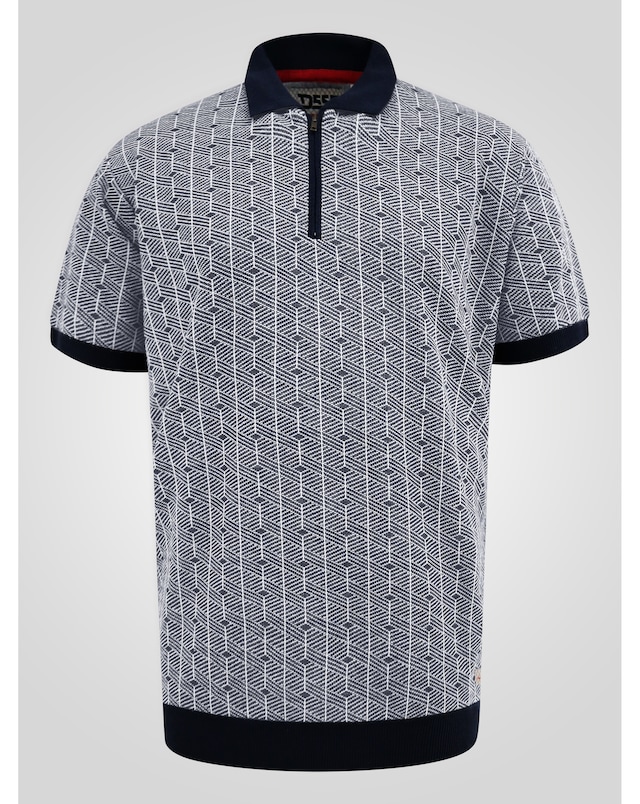D555 Perry Navy Jacquard Knitted Polo With Quarter Neck Zip