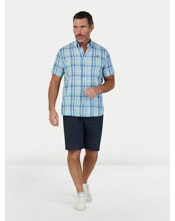 Raging Bull Short Sleeve Pacific Check Linen Look Shirt Sky Blue