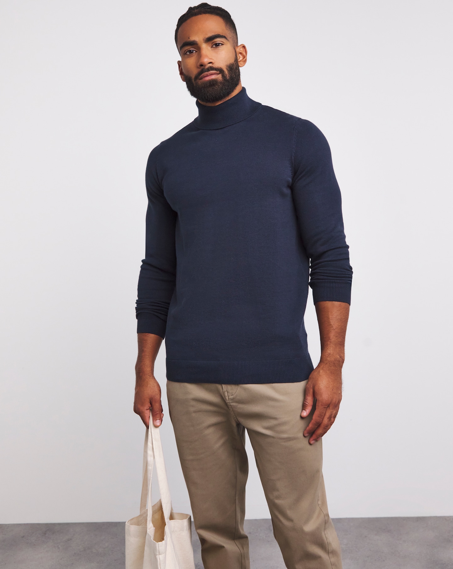 Navy Cotton Roll Neck