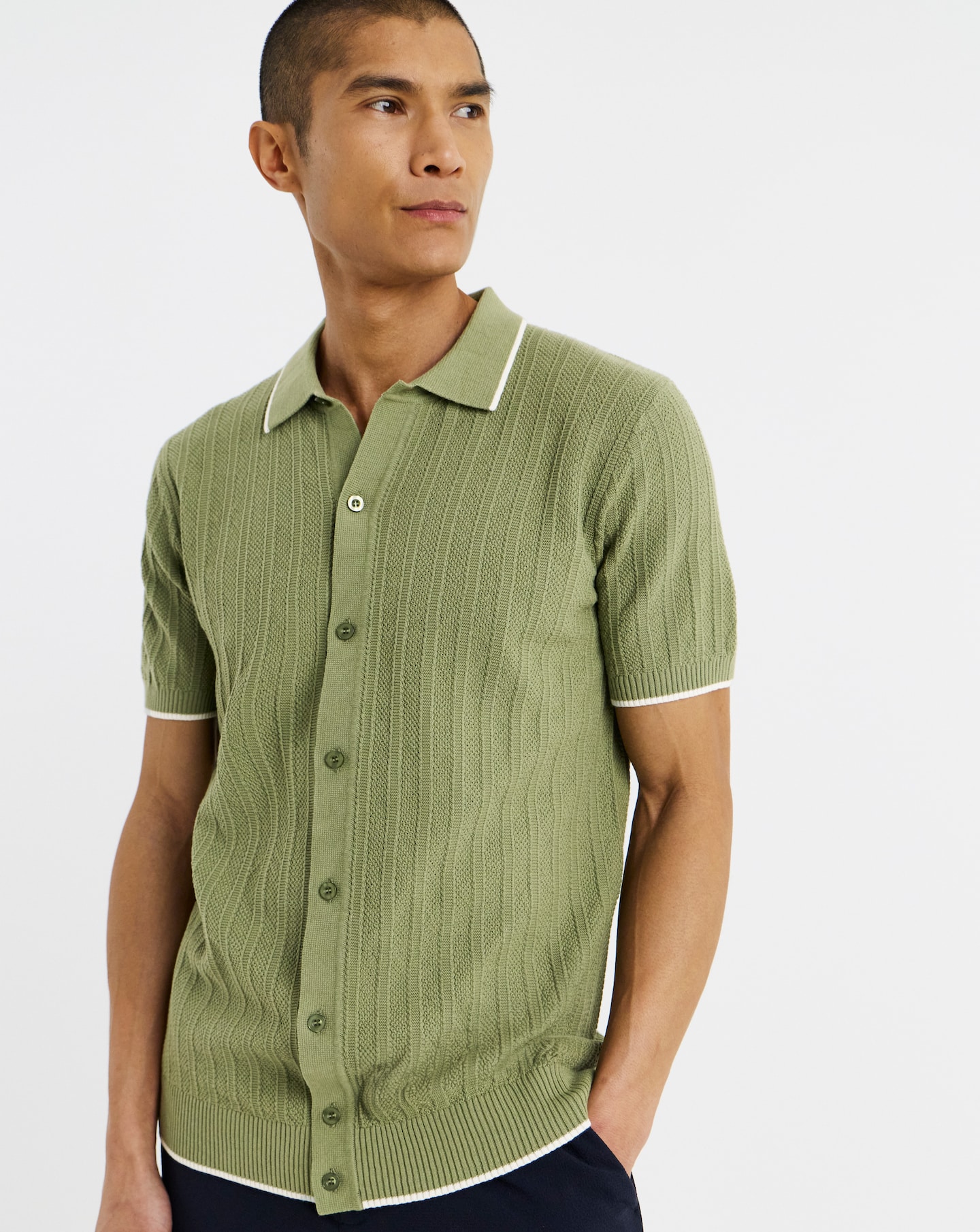 New In - Button Through Texture Knitted Polo