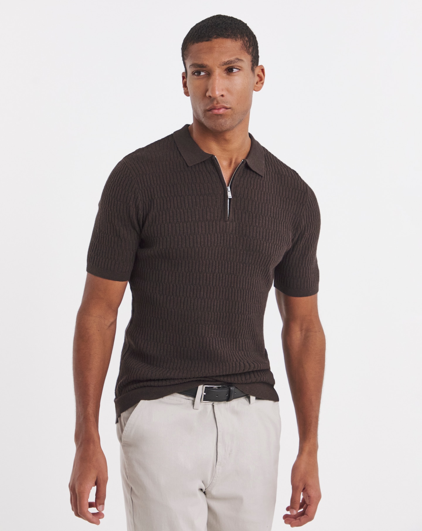 New In - Textured Knitted Zip Neck Polo