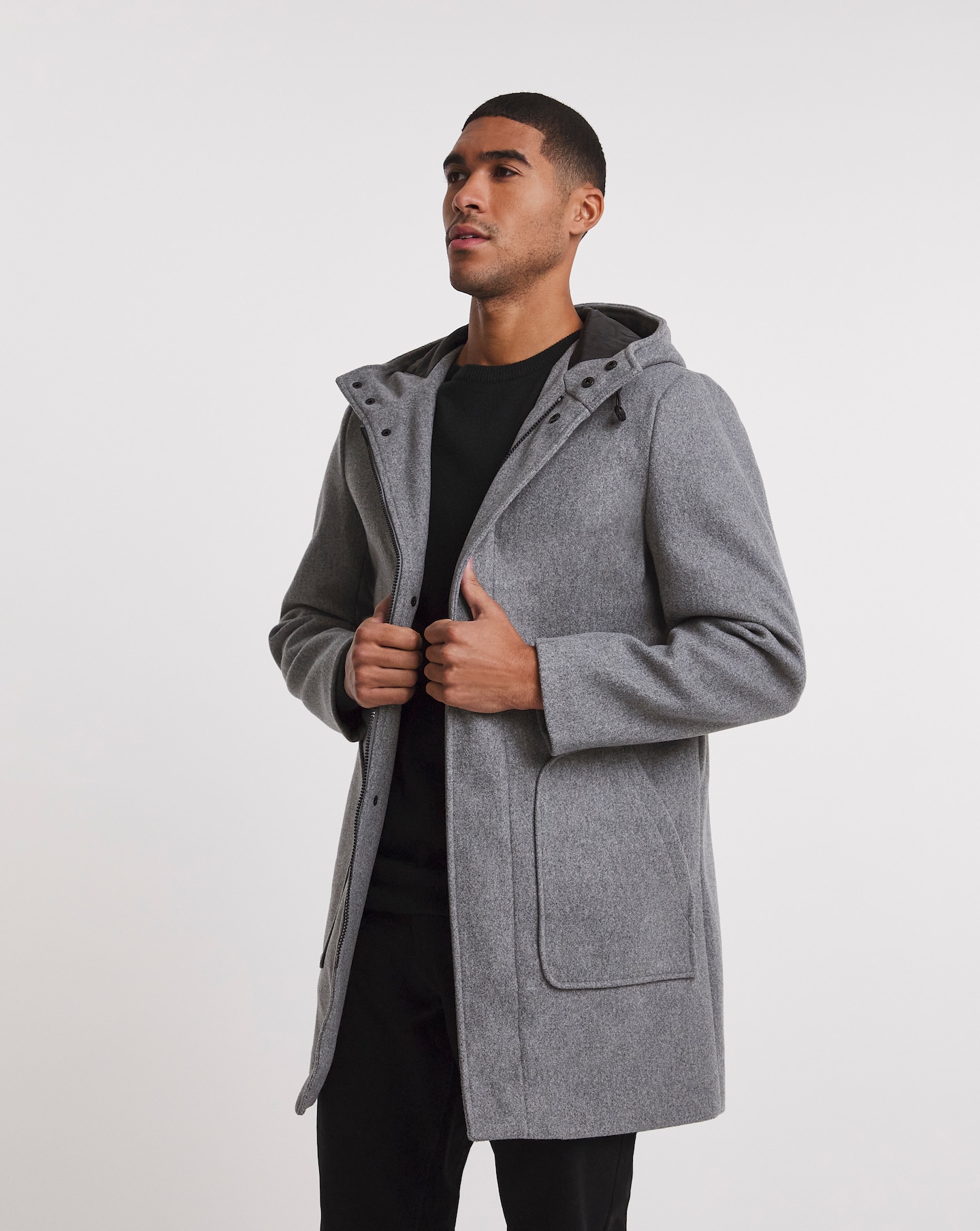 Grey Hooded Faux Wool Formal Coat Jacamo
