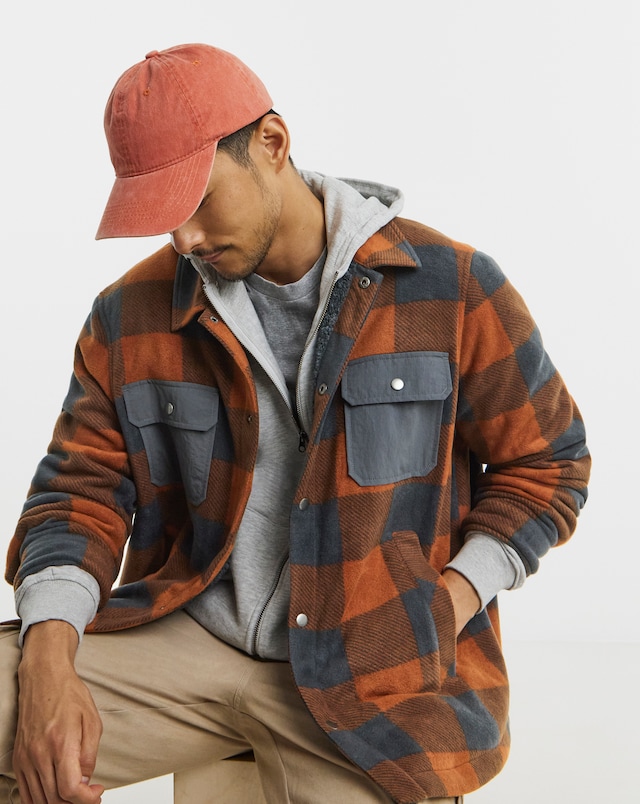 Snowdonia Fleece Borg Lined Check Shirt - Orange/Grey