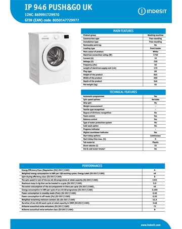 Indesit IP 946 Push & Go Washing Machine - White