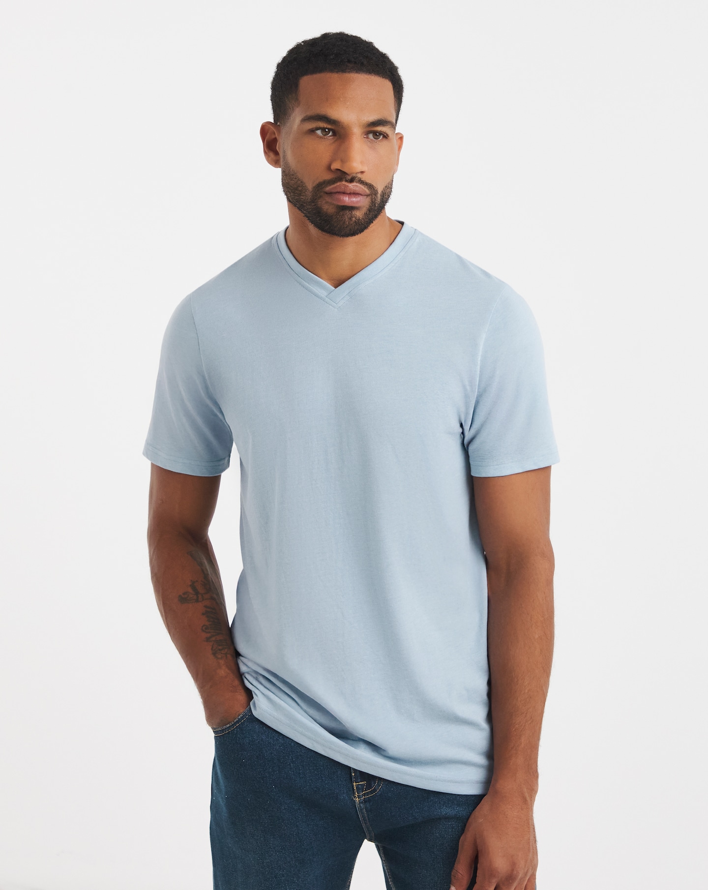 New In - V Neck T-Shirt Long - Blue Marl