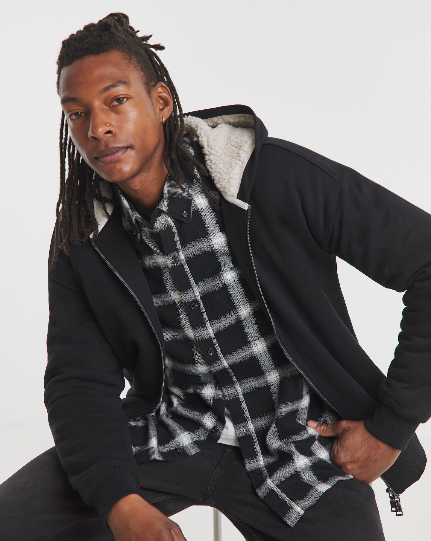 Borg Lined Full Zip Hoodie - Black