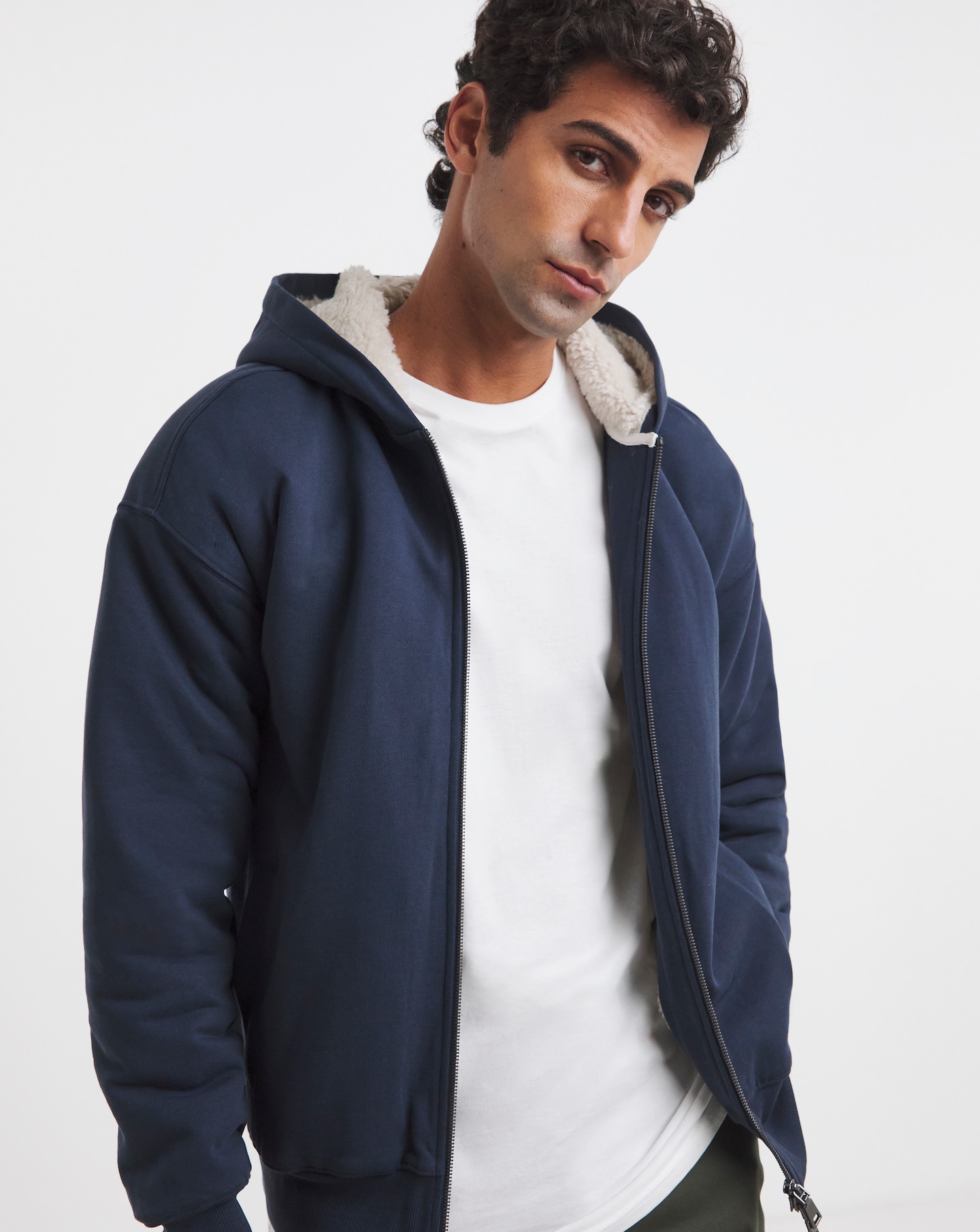 Borg Lined Full Zip Hoodie - Navy