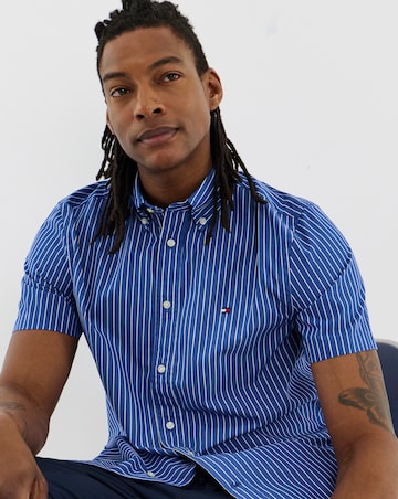 Tommy Hilfiger Short Sleeve Flex Poplin Stripe Shirt - Blue