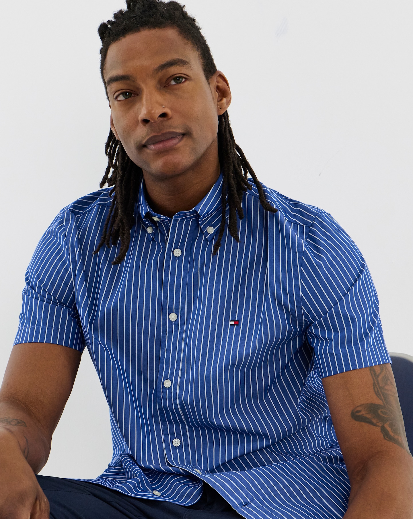Tommy Hilfiger Short Sleeve Flex Poplin Stripe Shirt - Blue