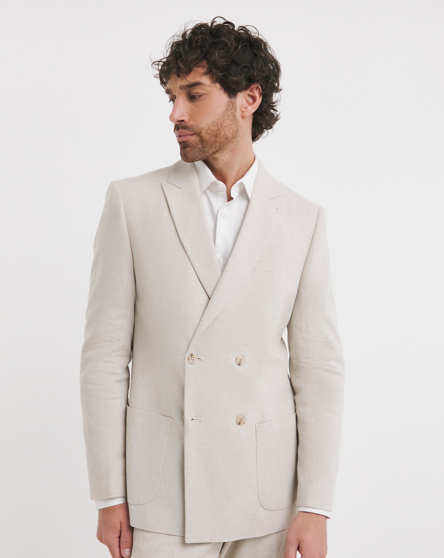 Linen Blend Double Breasted Suit Jacket