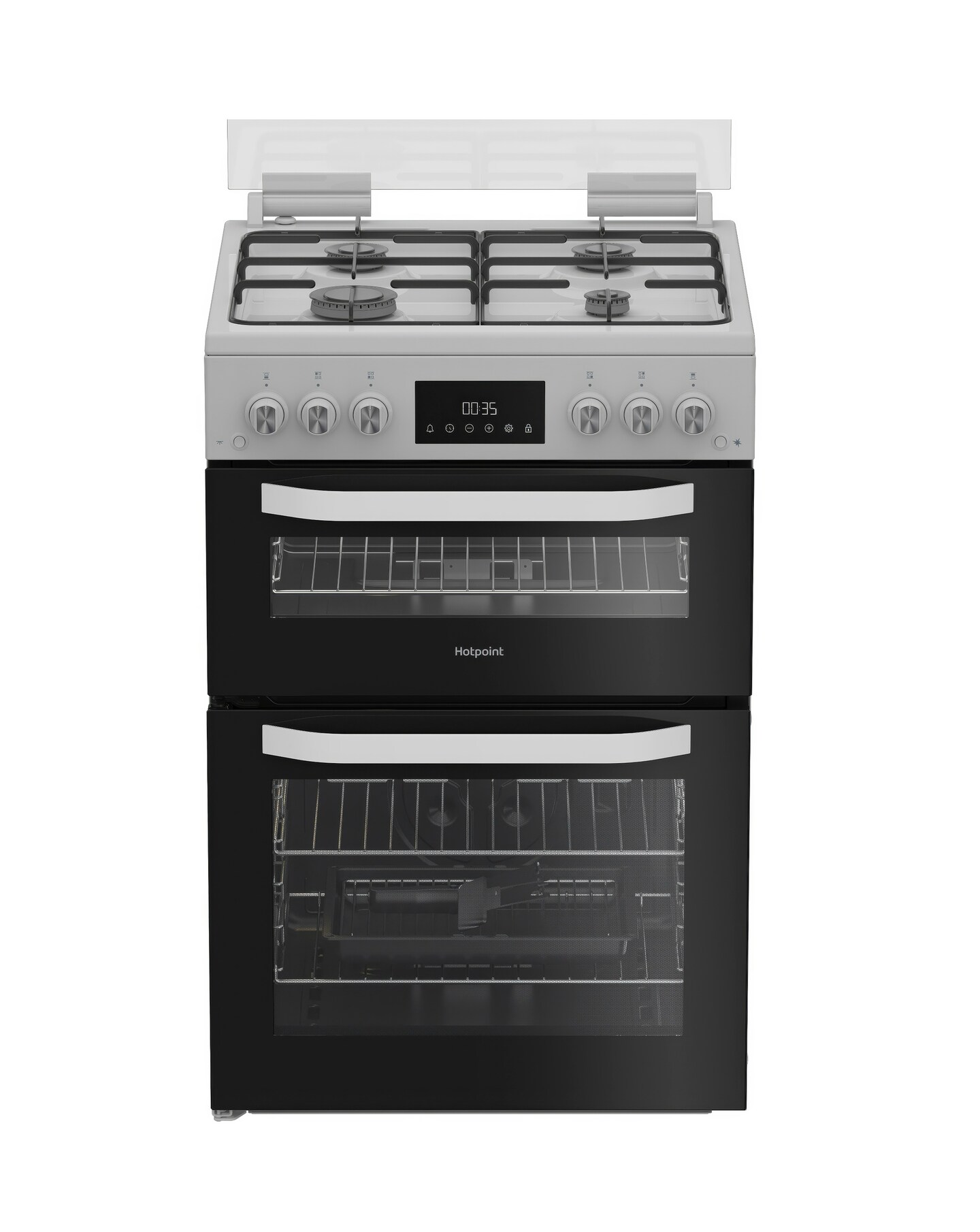 Hotpoint HDG6GDCW 60cm Gas Double Cooker with Glass Lid - White